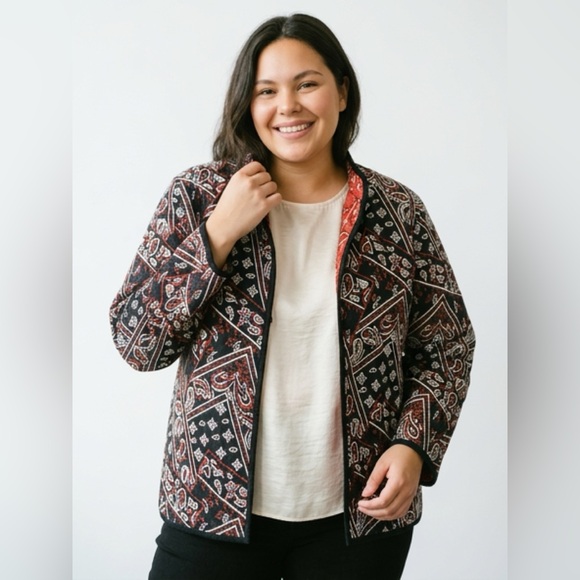 Womens M/L Reversible Red Black Paisley Bandanna Jacket Boho Western Button Up - Picture 11 of 16